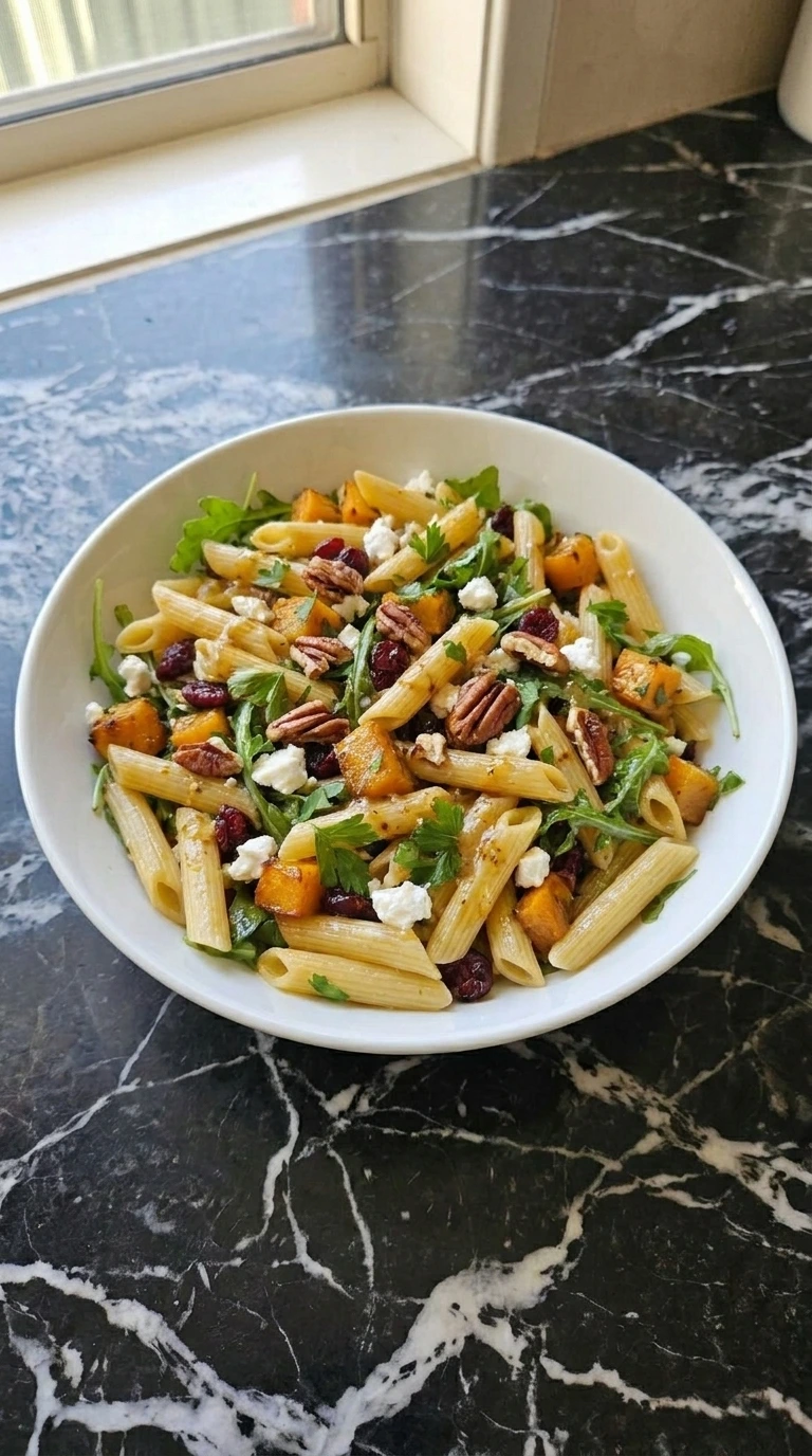 Fall Pasta Salad Recipes with Cozy Harvest Flavor finished portion with roasted squash, cranberries, feta and toasted pecans.