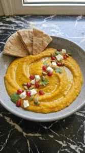 Single bowl of Butternut Squash Hummus with feta, pomegranate and pita