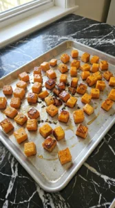 Partially roasted butternut squash cubes flipped on a rimmed sheet pan.