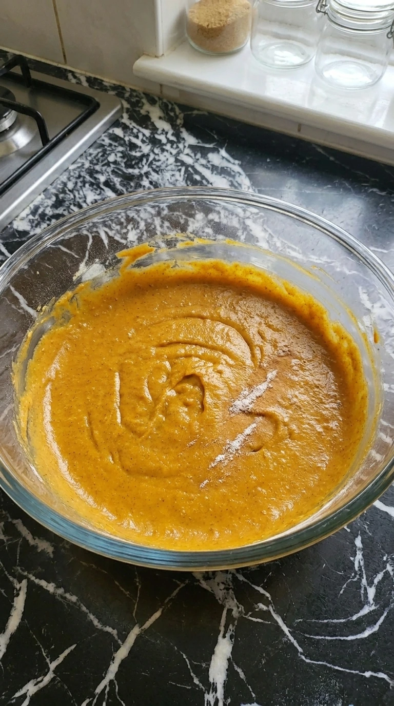 Thick orange pumpkin muffin batter folded in a clear bowl.
