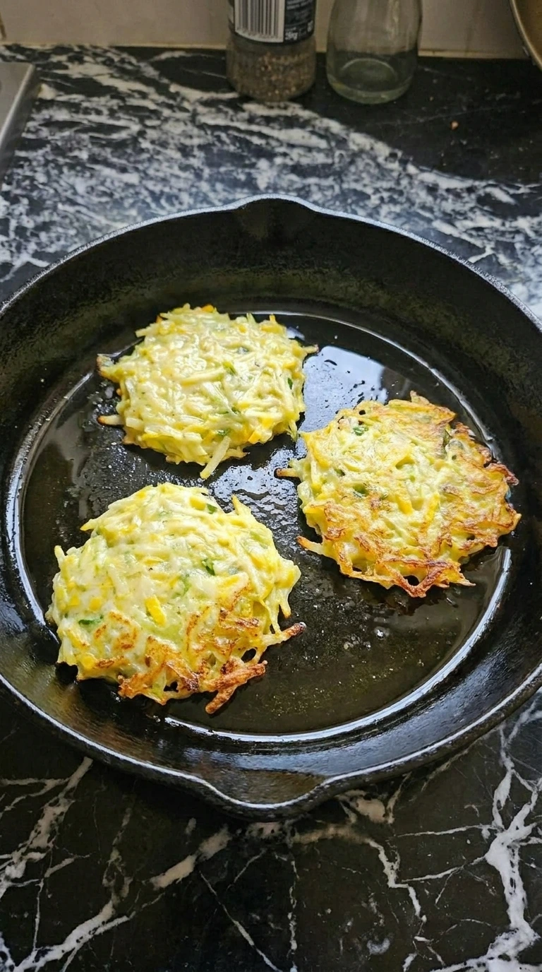 Three Patty Pan Squash Savory Pancakes frying until their edges turn golden