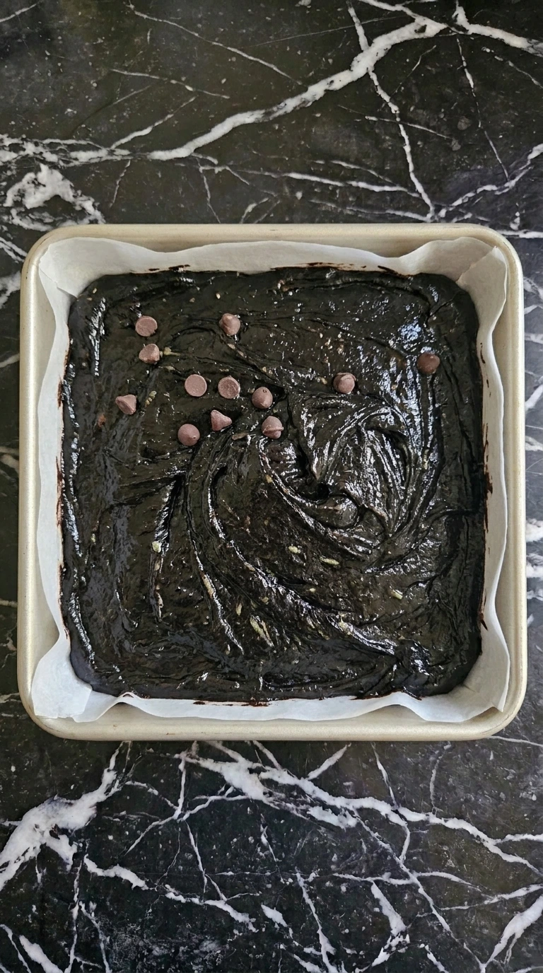 Fudgy Chocolate Zucchini Brownies (No One Will Guess!) step showing thick brownie batter spread in an 8×8-inch pan