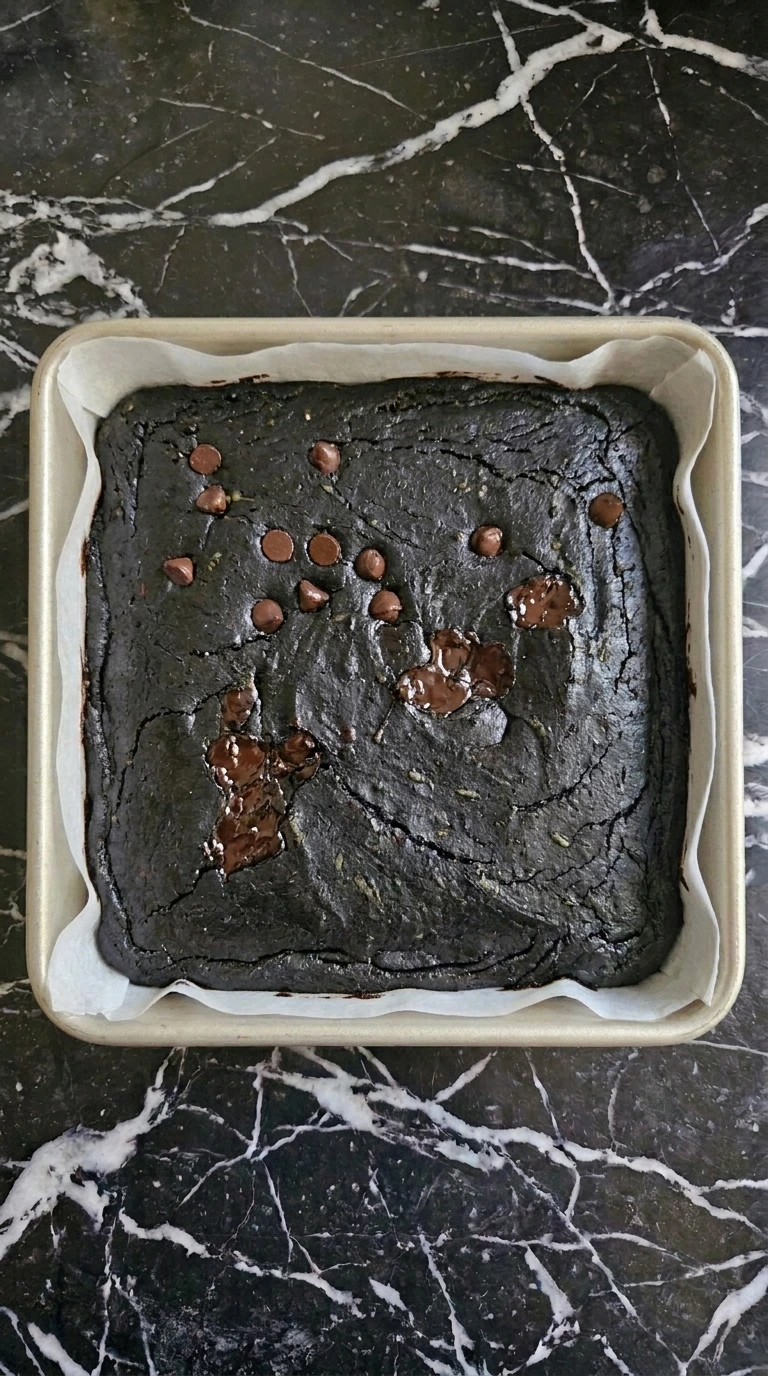 Fudgy Chocolate Zucchini Brownies (No One Will Guess!) fresh from the oven with a thin crackled top and moist center