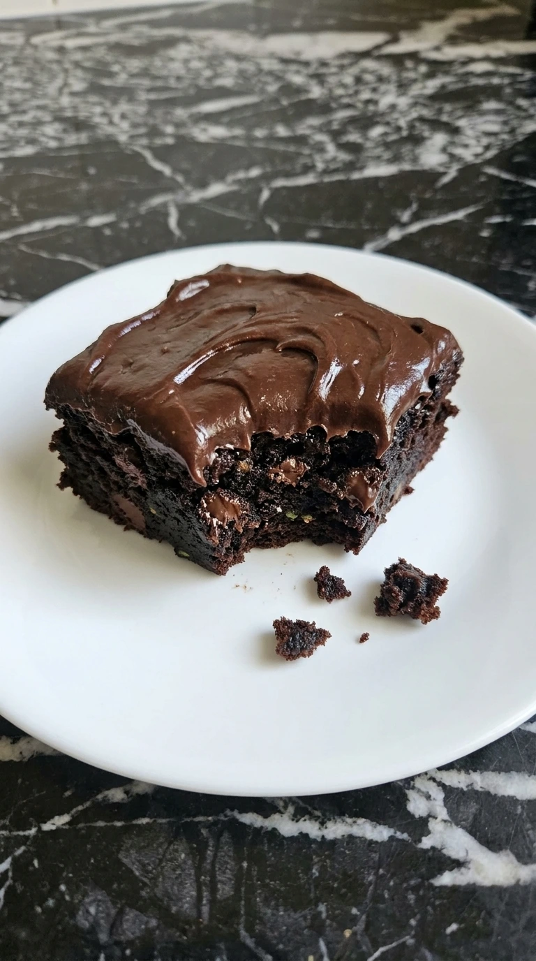 Fudgy Chocolate Zucchini Brownies (No One Will Guess!) served as one frosted square with a dense moist cocoa center