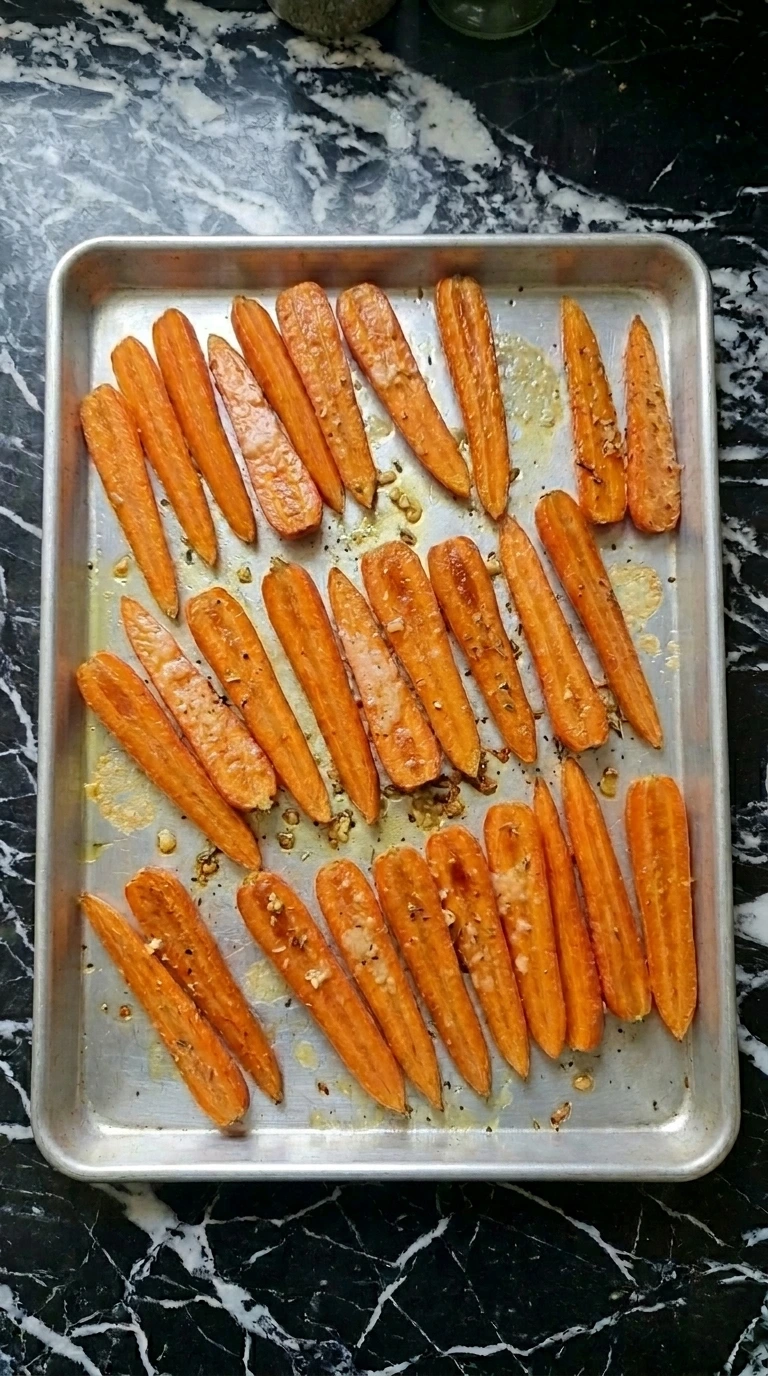 Garlic Parmesan Roasted Carrots with deep orange color and a golden Parmigiano-Reggiano crust