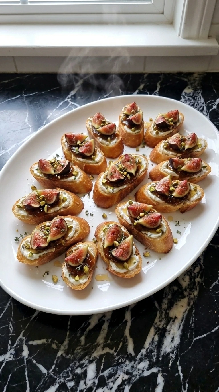 Goat Cheese and Fig Jam Appetizer for Easy Entertaining arranged as eighteen fig-topped crostini on a white platter