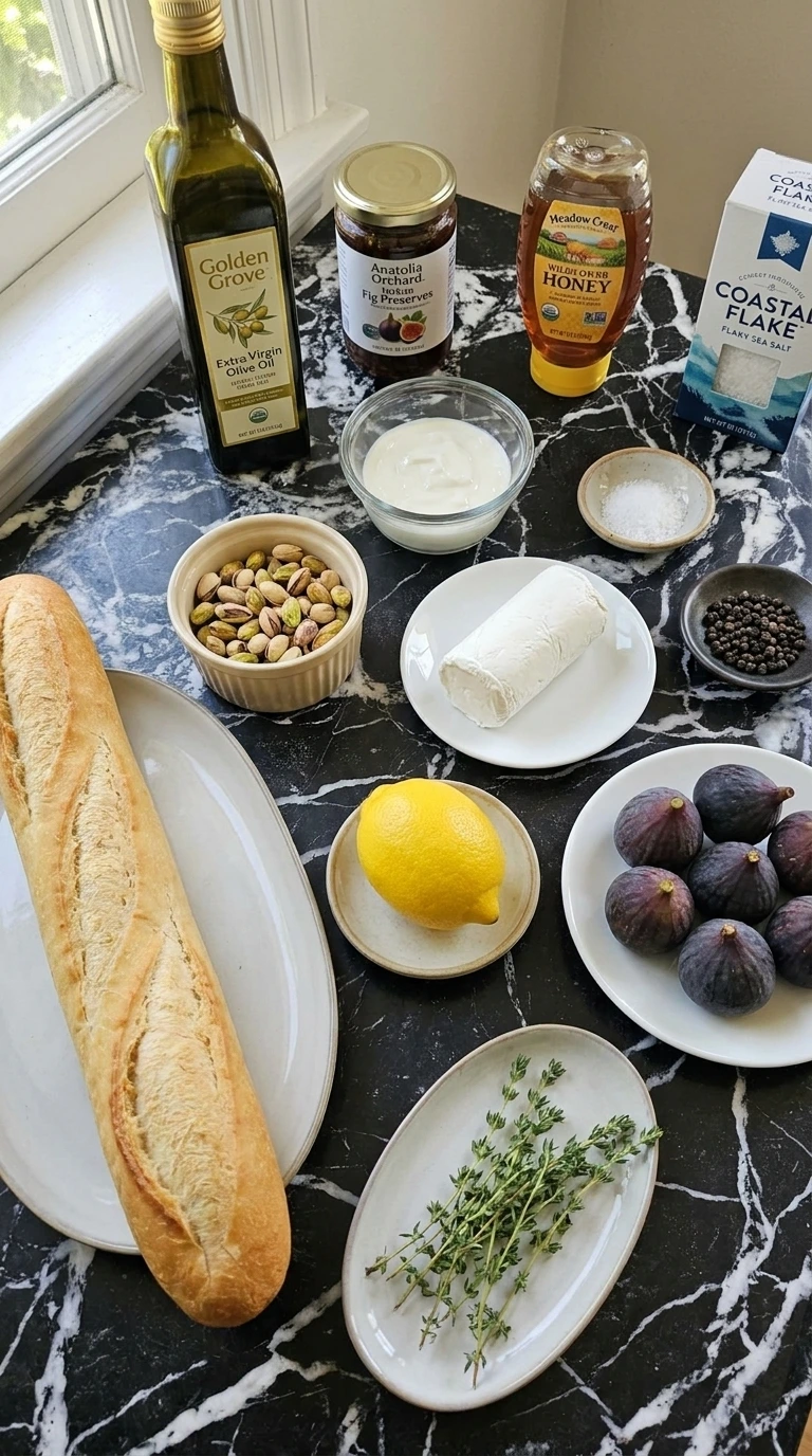 Goat Cheese and Fig Jam Appetizer for Easy Entertaining ingredients including baguette, chèvre, fig preserves and fresh figs
