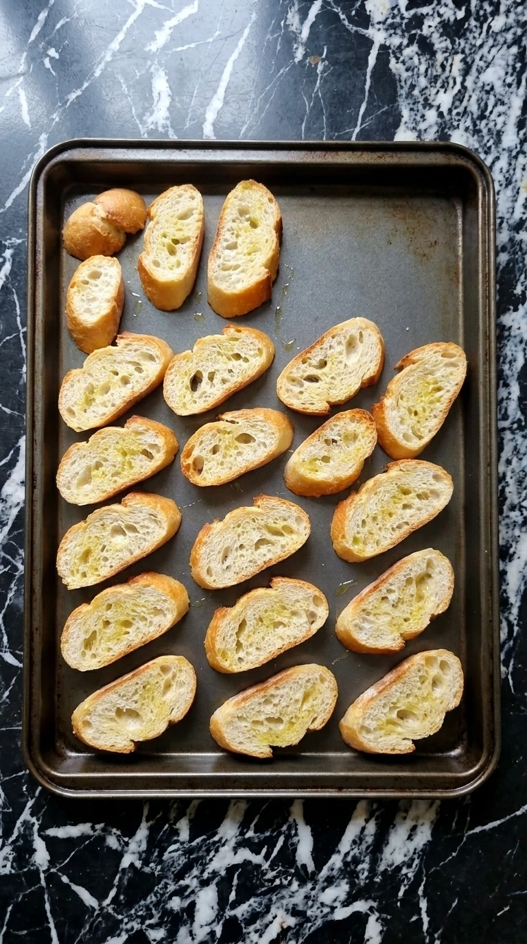 Toasting baguette slices for Goat Cheese and Fig Jam Appetizer for Easy Entertaining until pale gold with amber crusts
