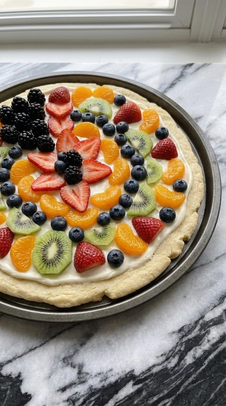 Halloween Fruit Pizza with Sugar Cookie Crust topped with strawberries, kiwi, mandarin oranges, blueberries and blackberries