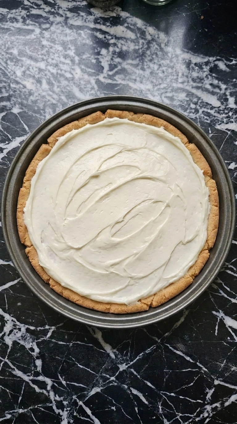 Cream cheese frosting spread over Halloween Fruit Pizza with Sugar Cookie Crust