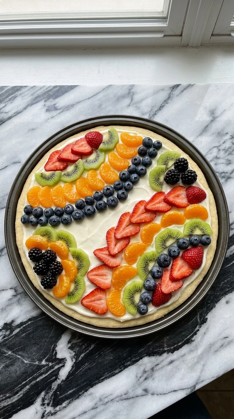 Arranging colorful fruit on Halloween Fruit Pizza with Sugar Cookie Crust
