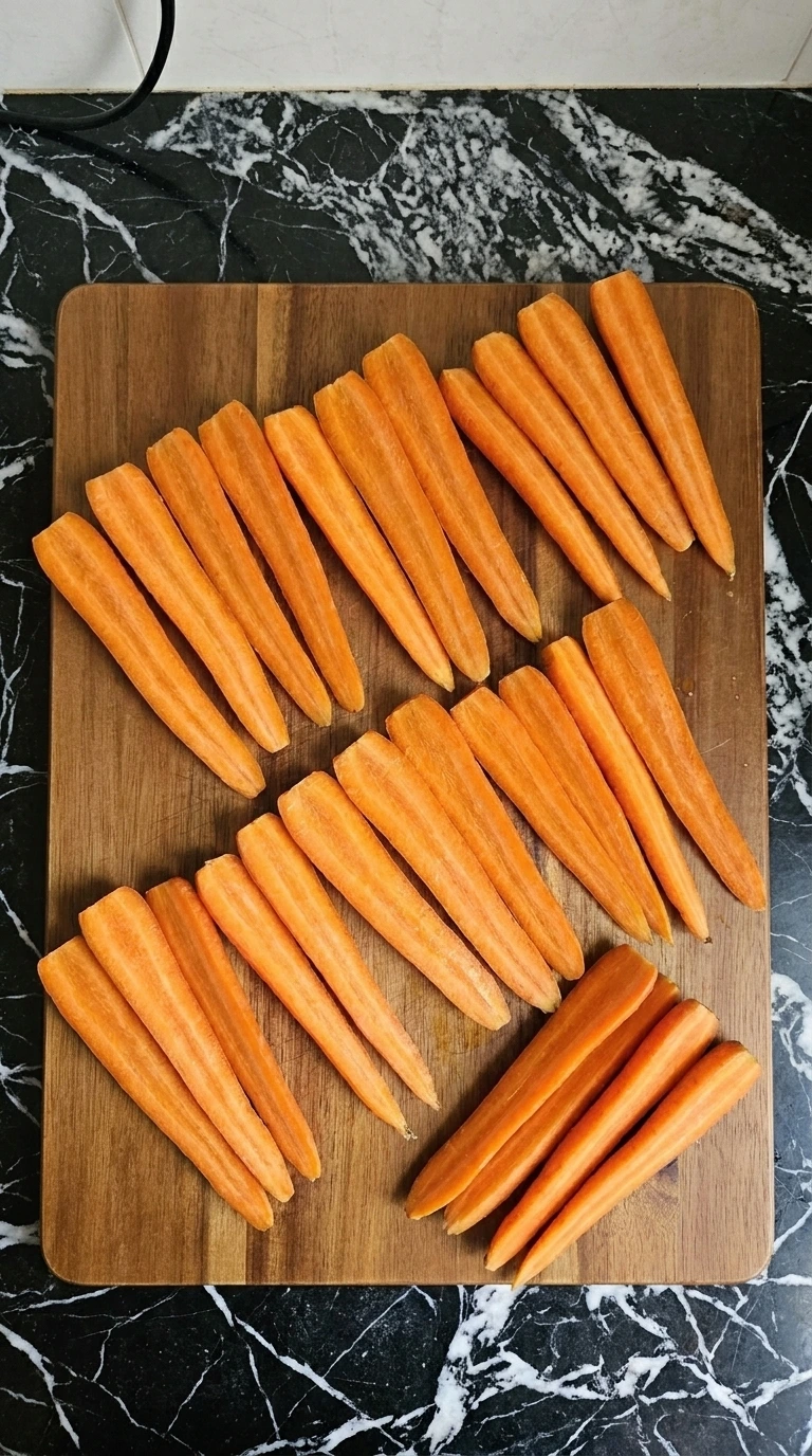 Twenty-four raw carrot halves cut lengthwise for roasting