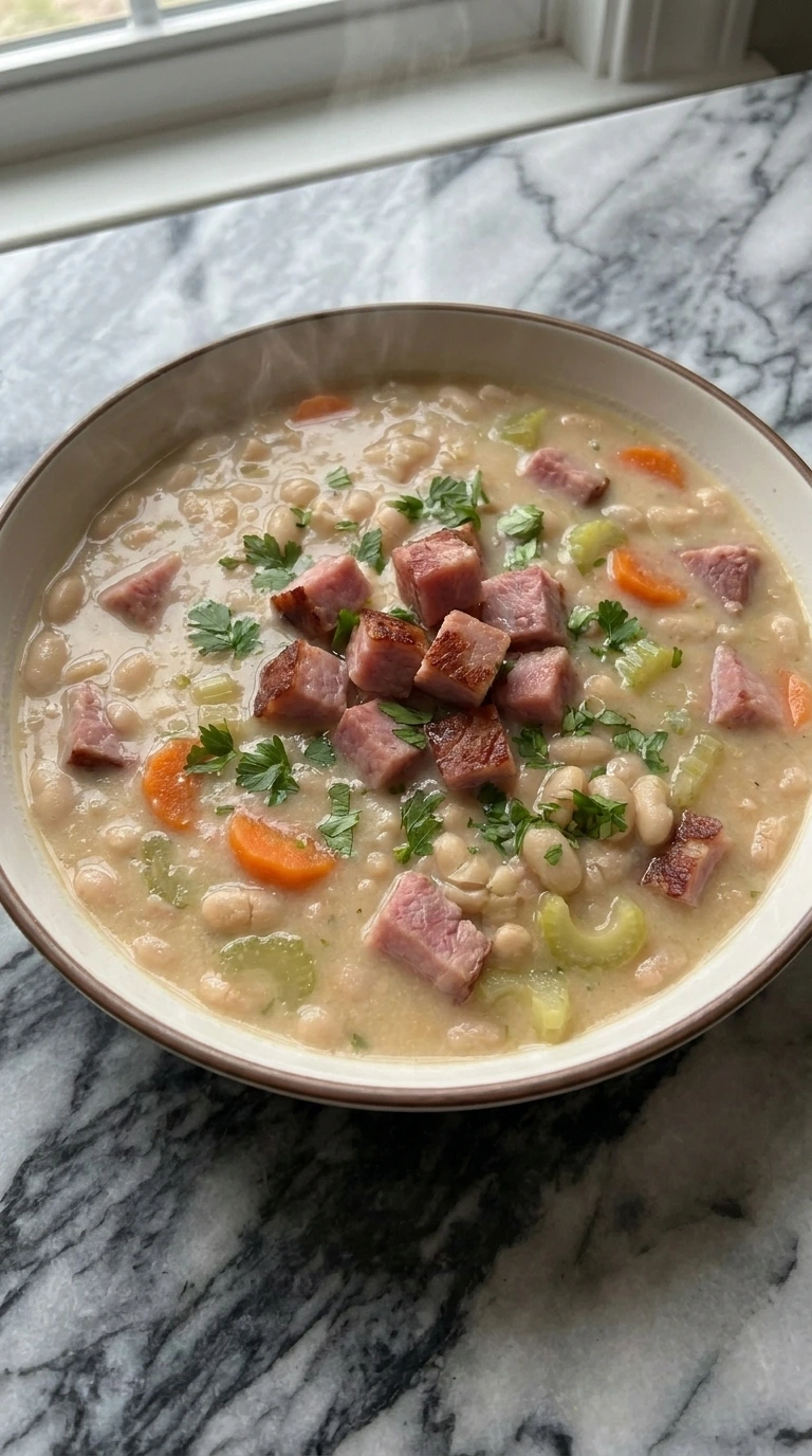 Ham and Bean Soup Recipes Crockpot: Slow Cooker Comfort Dinner served as creamy white bean soup with smoky ham, carrots and parsley.