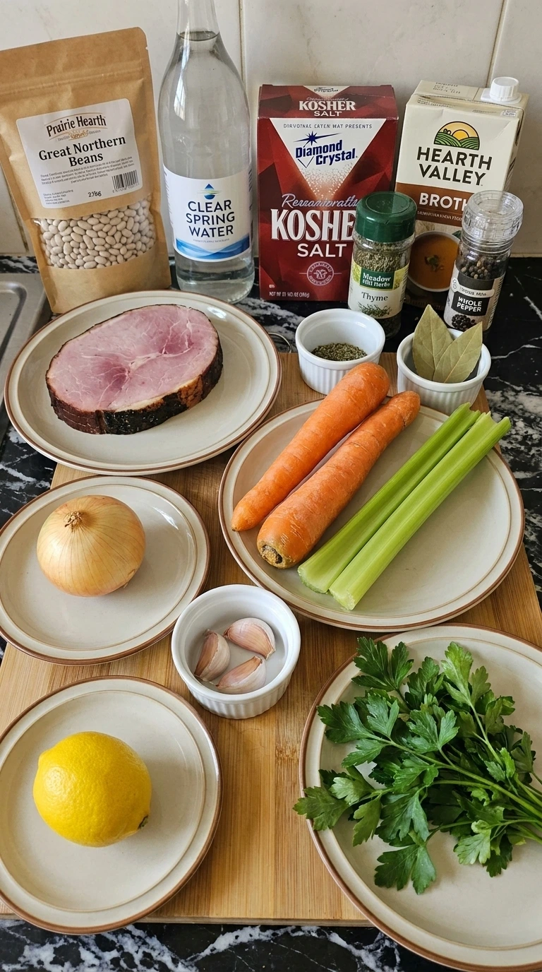 Ham and Bean Soup Recipes Crockpot: Slow Cooker Comfort Dinner ingredients including Great Northern beans, smoked ham, carrots, celery and chicken broth.