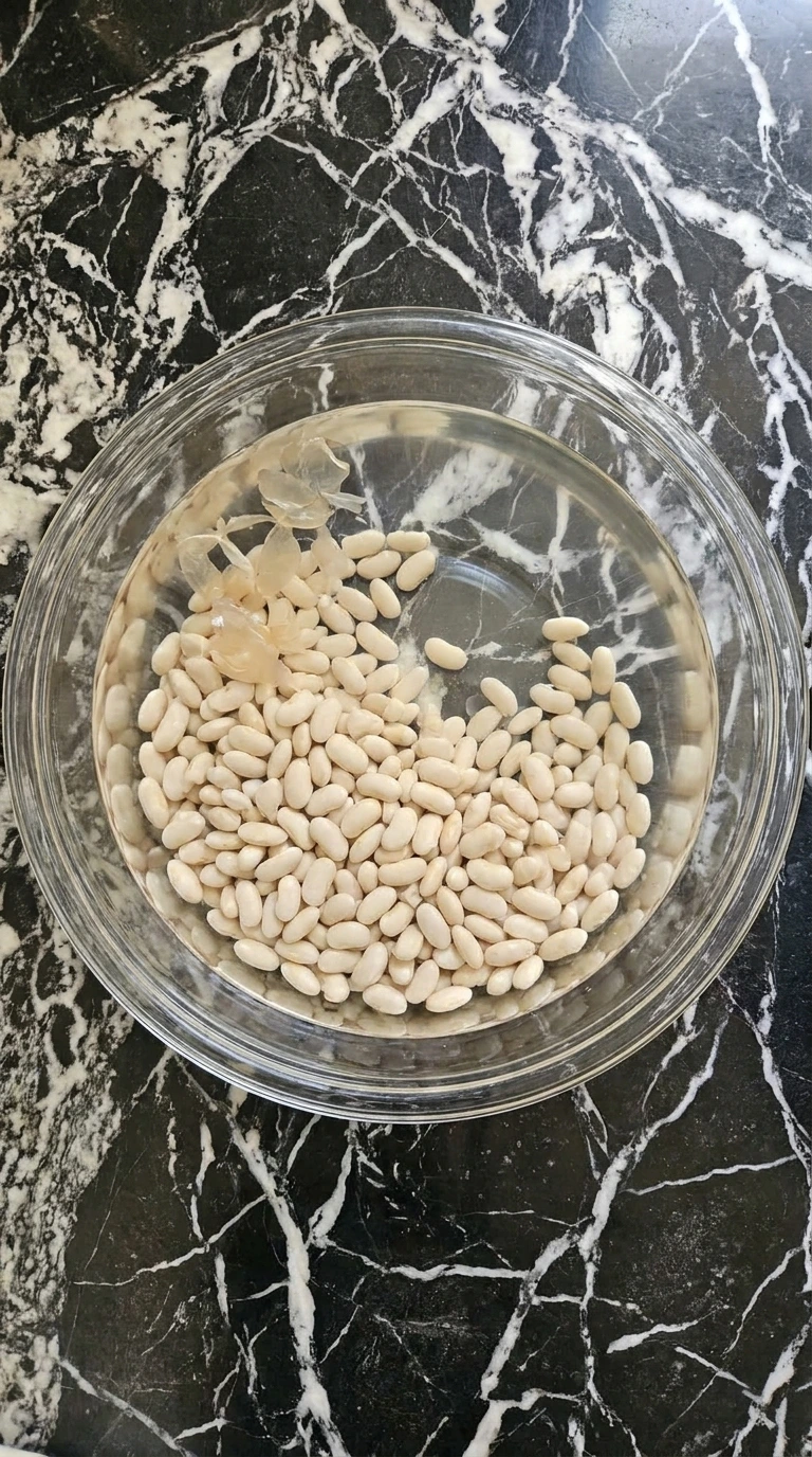 Ham and Bean Soup Recipes Crockpot: Slow Cooker Comfort Dinner step 1 showing plump soaked Great Northern beans in clear water.