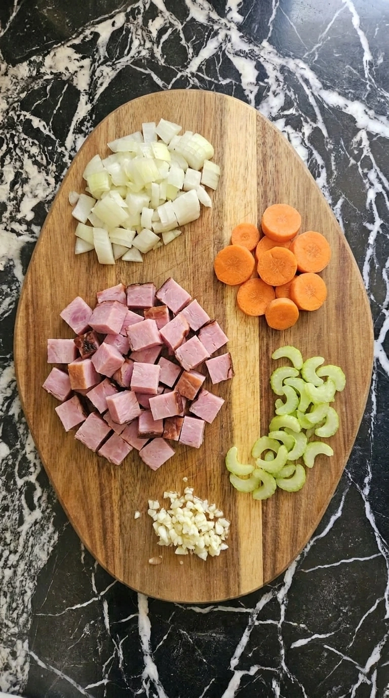 Ham and Bean Soup Recipes Crockpot: Slow Cooker Comfort Dinner step 2 with diced smoked ham, onion, carrot, celery and garlic.