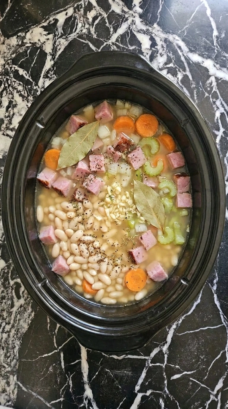 Ham and Bean Soup Recipes Crockpot: Slow Cooker Comfort Dinner step 3 loaded in a slow cooker with beans, ham, vegetables and broth.