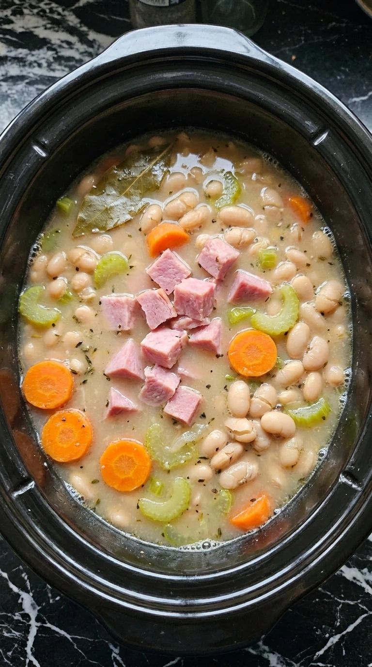 Ham and Bean Soup Recipes Crockpot: Slow Cooker Comfort Dinner step 4 showing tender beans and softened vegetables in pale beige broth.