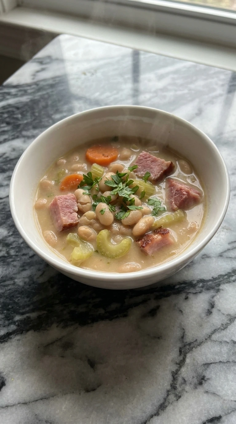 Ham and Bean Soup Recipes Crockpot: Slow Cooker Comfort Dinner step 6 served in a bowl with whole beans, smoky ham and parsley.
