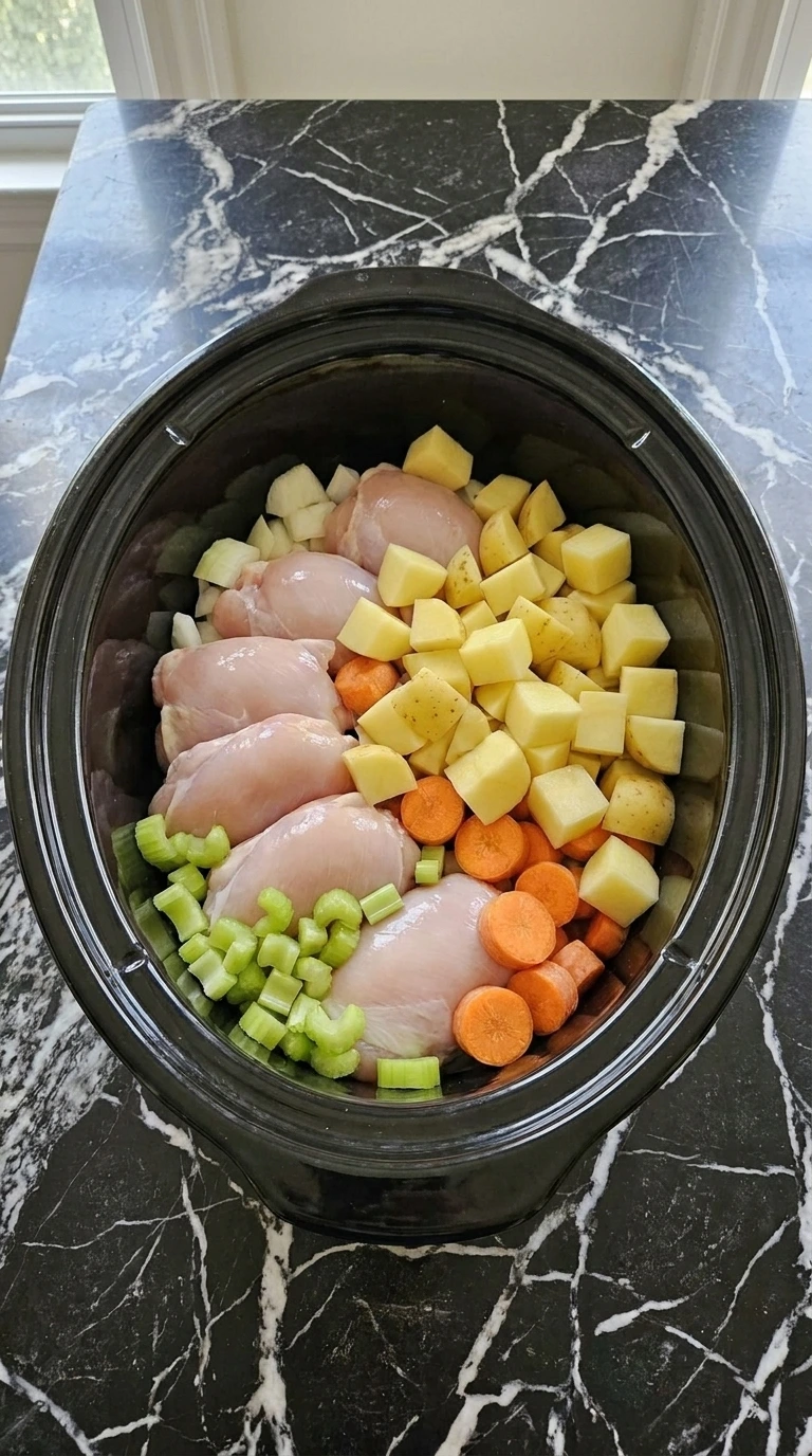 Healthy Soup Recipes for Crockpot Nights That Feel Cozy and Easy with raw chicken thighs layered beneath potatoes orange carrots celery and onion