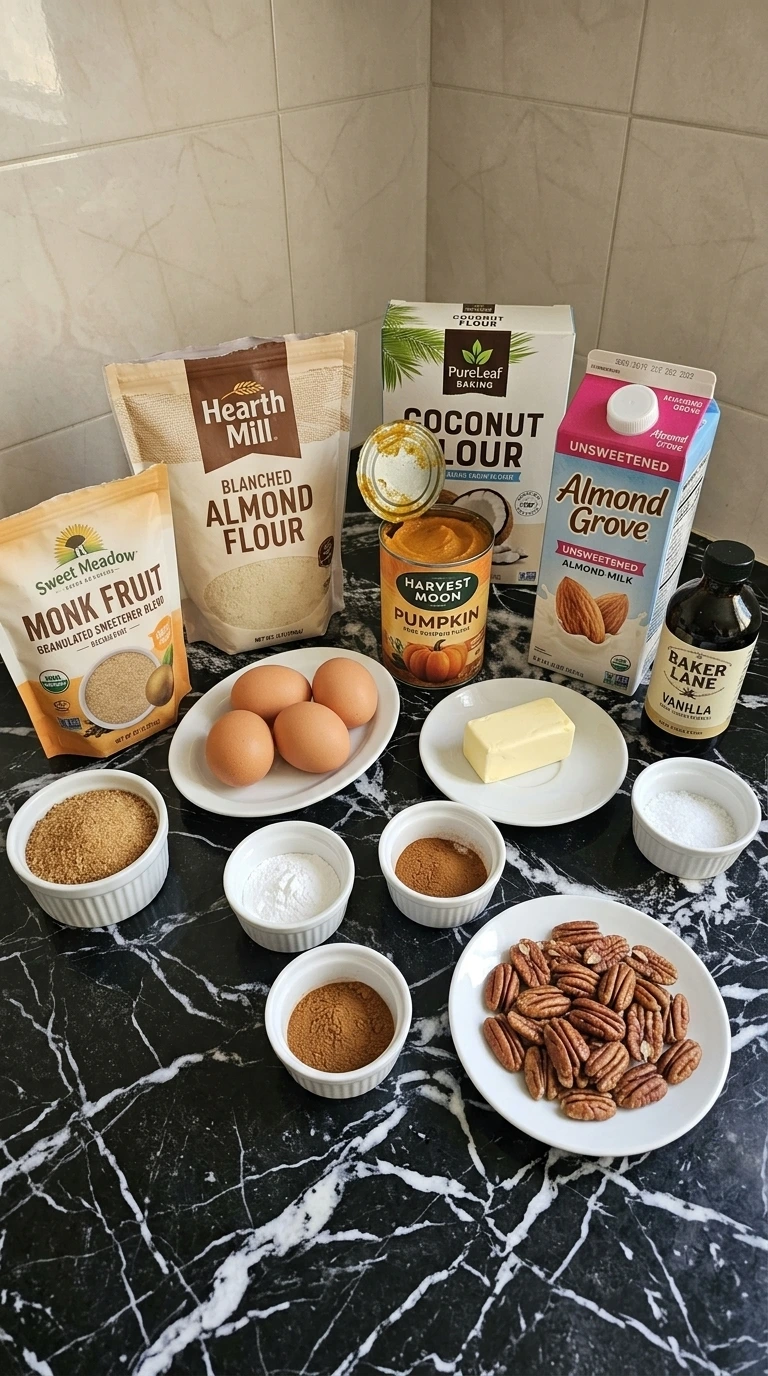 Low Carb Pumpkin Muffins Recipe ingredients including pumpkin puree almond flour and pecans Recipe focus: sugar free pumpkin desserts.