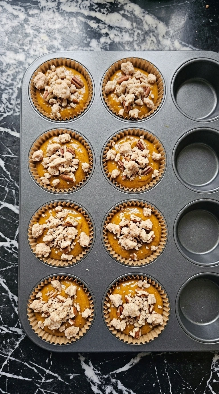 Low Carb Pumpkin Muffins Recipe batter portioned into eight cups with pecan streusel Recipe focus: almond flour muffins.