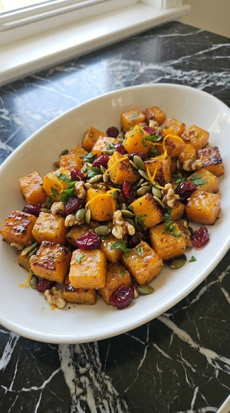 Maple roasted butternut squash with cranberries, walnuts, pepitas and parsley in a white serving bowl.
