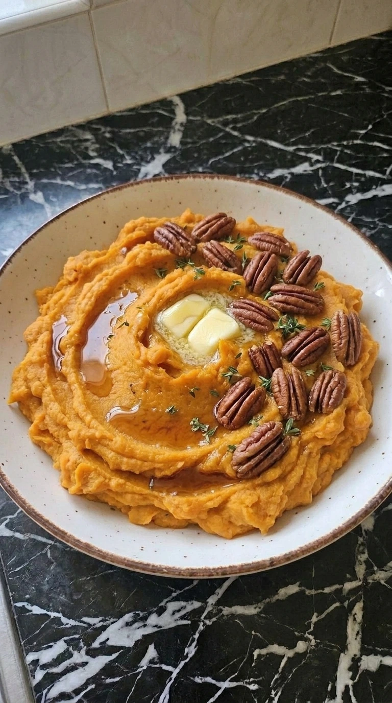 Maple Sweet Potato Mash with butter, toasted pecans and thyme in a white bowl