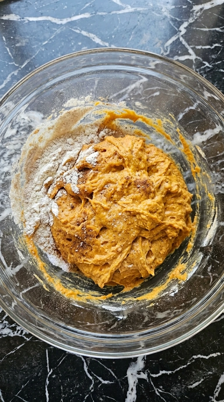 Rough orange pumpkin sourdough dough mixed in a clear bowl. Recipe focus: Fall Sourdough Bread Recipes.