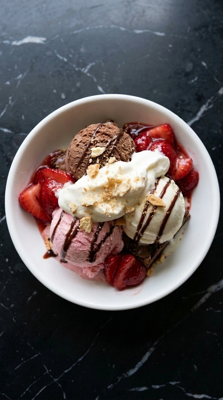 Neapolitan Ice Cream Sundae (Strawberry, Chocolate & Vanilla) with three ice cream scoops, strawberries, brownie bites, whipped cream and chocolate fudge sauce.