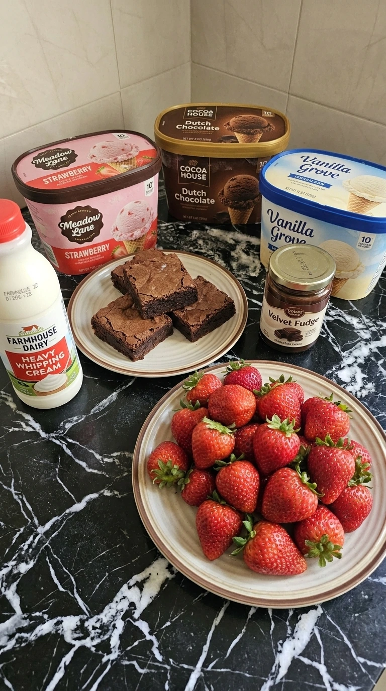 Ingredients for Neapolitan Ice Cream Sundae (Strawberry, Chocolate & Vanilla) including three ice cream flavors, strawberries, brownies, cream and fudge sauce.