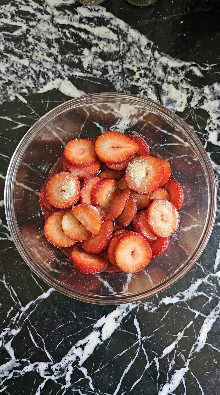Macerating strawberries for Neapolitan Ice Cream Sundae (Strawberry, Chocolate & Vanilla) until glossy ruby syrup forms.