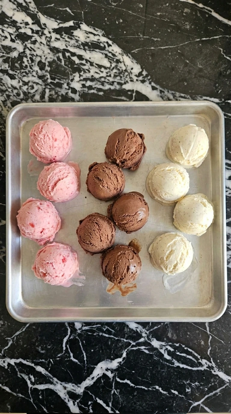 Twelve shaped ice cream scoops for Neapolitan Ice Cream Sundae (Strawberry, Chocolate & Vanilla) arranged by strawberry, chocolate and vanilla flavor.