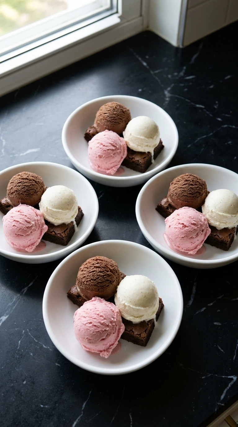 Layering brownies and three ice cream flavors for Neapolitan Ice Cream Sundae (Strawberry, Chocolate & Vanilla) in chilled white bowls.
