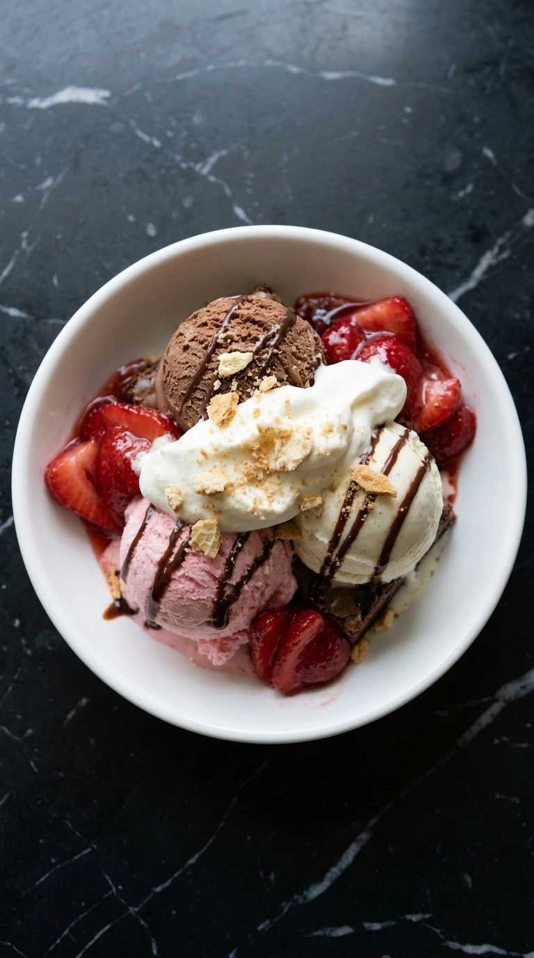 Finished Neapolitan Ice Cream Sundae (Strawberry, Chocolate & Vanilla) with strawberries, whipped cream, fudge drizzle and chocolate wafer crumbs.