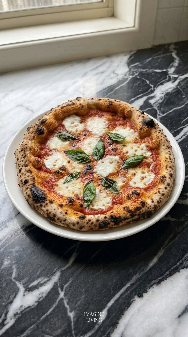 Neapolitan Pizza Dough Recipe (Easy Authentic Napoli-Style Crust) baked with a blistered rim, melted mozzarella and fresh basil