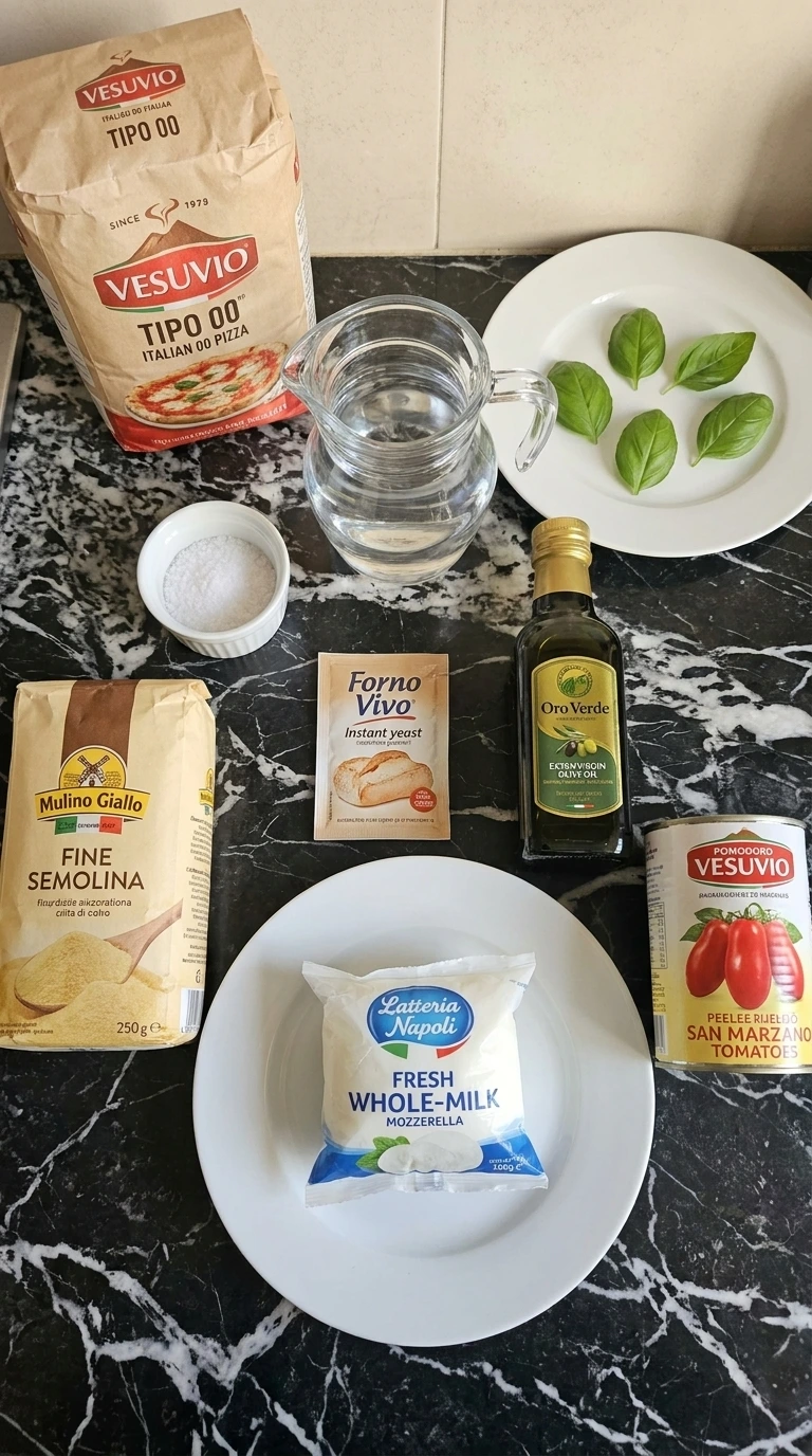 Neapolitan Pizza Dough Recipe (Easy Authentic Napoli-Style Crust) ingredients including Italian 00 flour, San Marzano tomatoes and fresh mozzarella