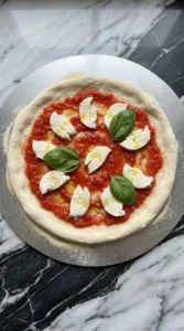 Neapolitan Pizza Dough Recipe (Easy Authentic Napoli-Style Crust) step 5 showing stretched dough topped with tomato and mozzarella
