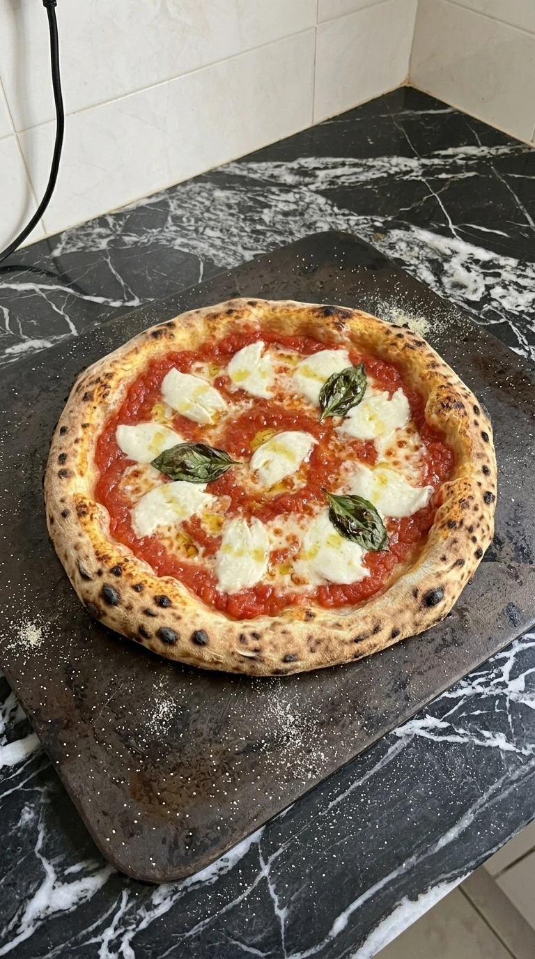 Neapolitan Pizza Dough Recipe (Easy Authentic Napoli-Style Crust) step 6 showing a blistered pizza baking on steel