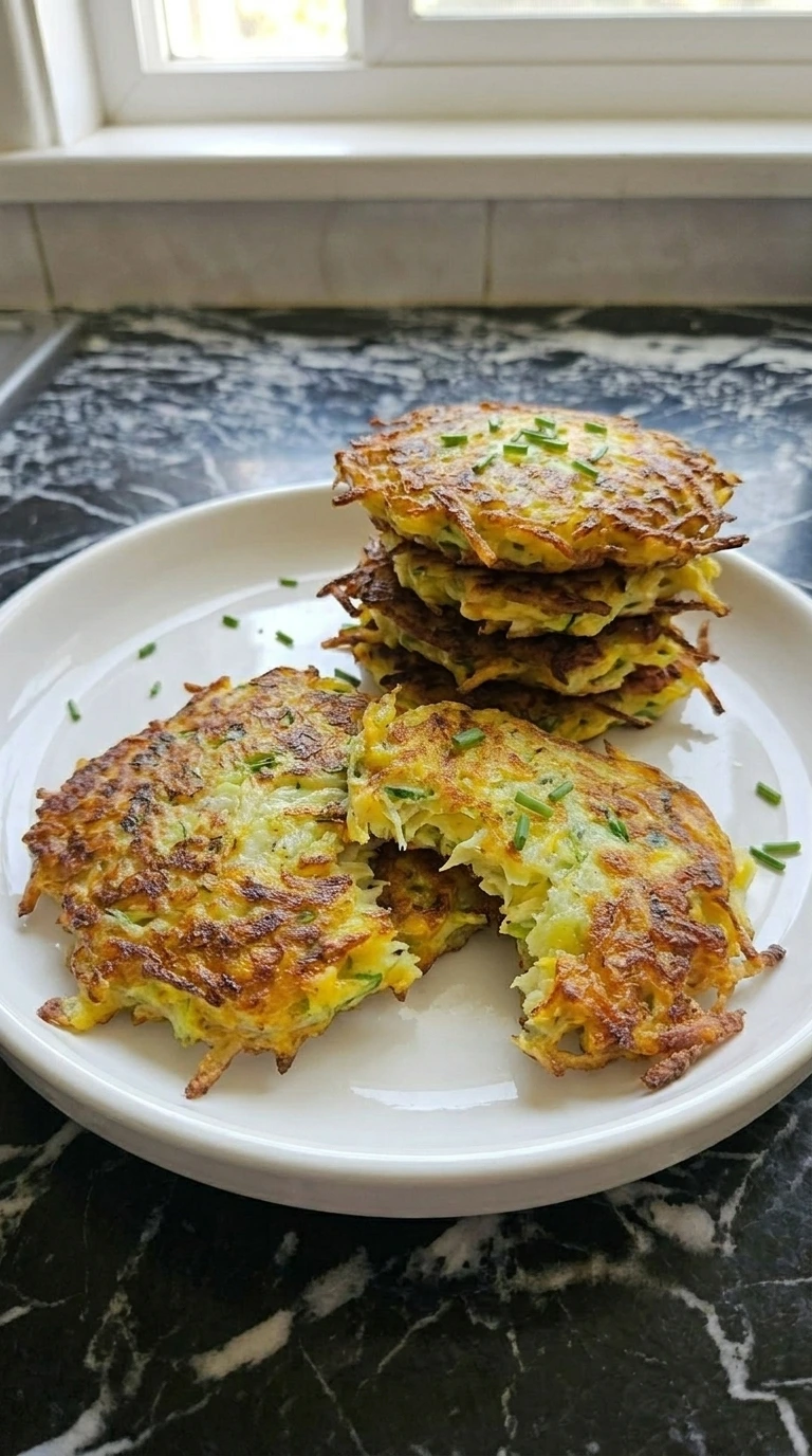 Stack of crispy Patty Pan Squash Savory Pancakes with golden edges and fresh chives
