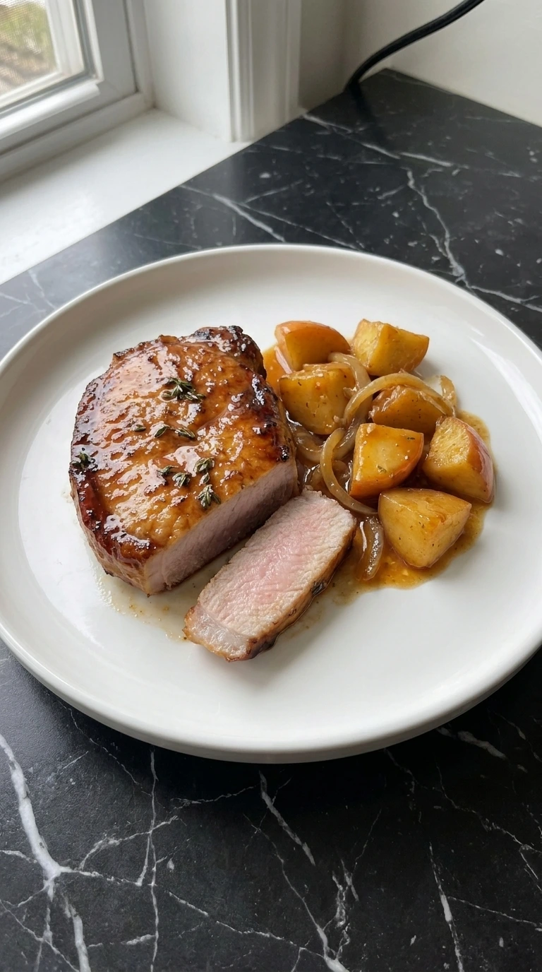 Single sliced Apple Butter Pork Chop with apples and glossy sauce
