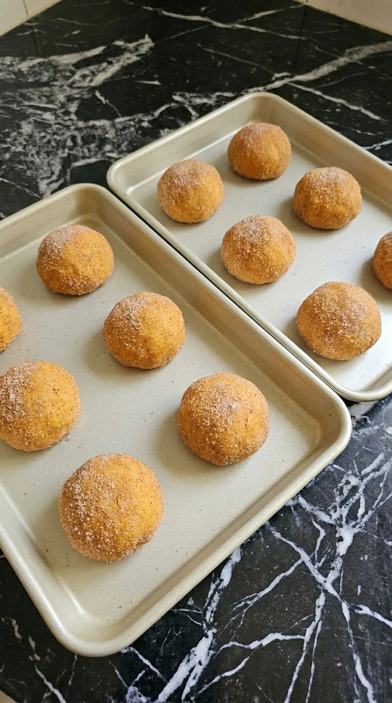 Shaping and coating Pumpkin Cheesecake Cookies before baking