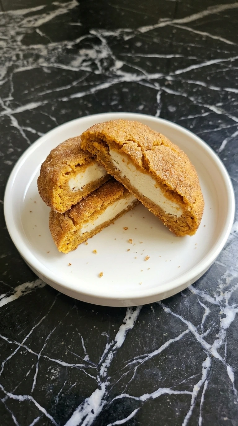 Split Pumpkin Cheesecake Cookies showing the cream cheese center