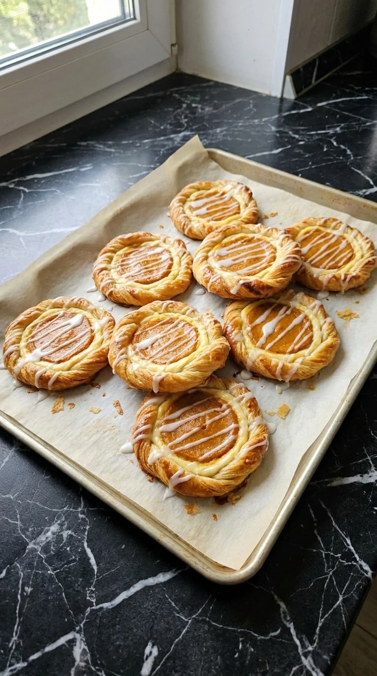 Pumpkin Cream Cheese Danish pastries with golden puff pastry, orange pumpkin centers and thin vanilla glaze