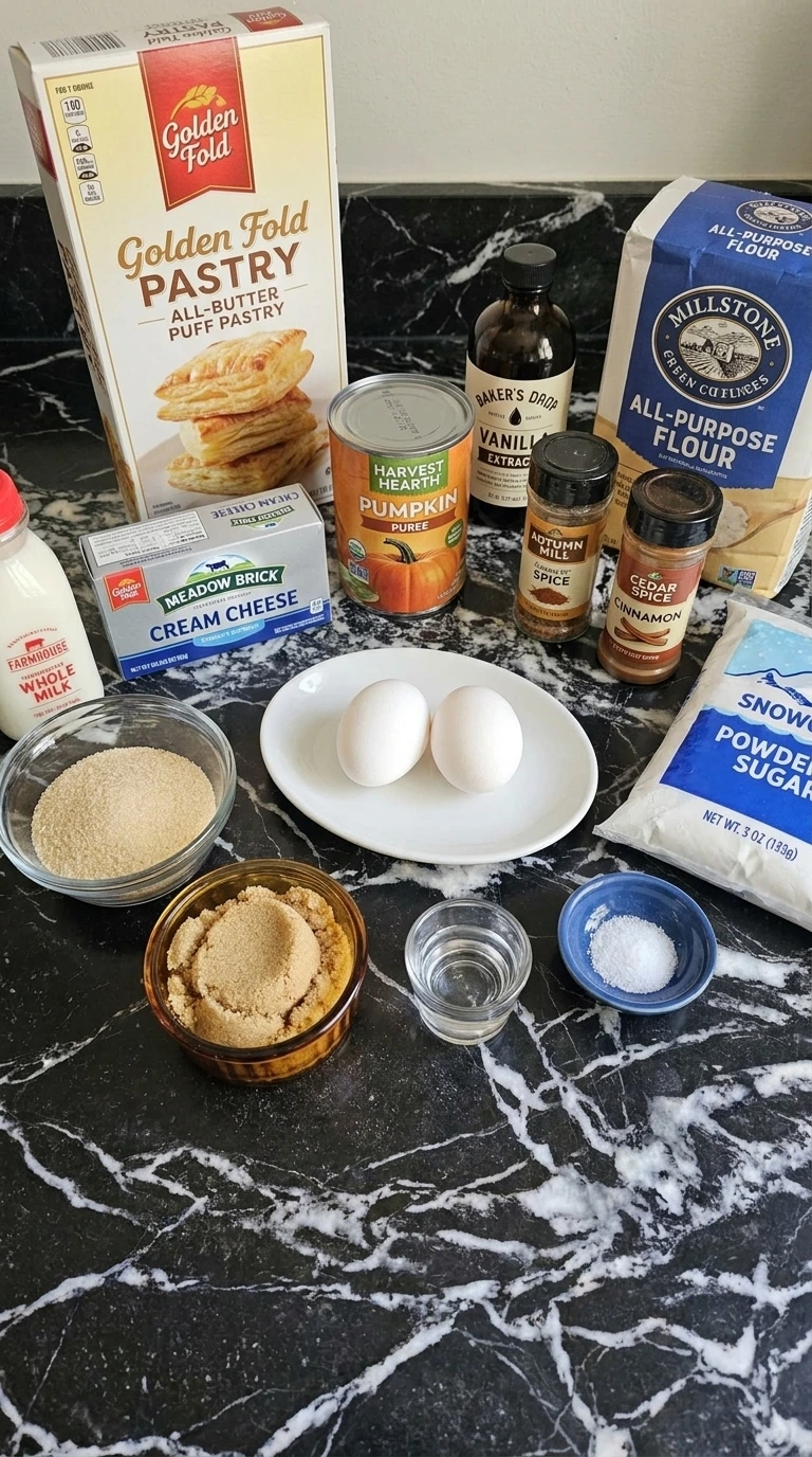 Pumpkin Cream Cheese Danish ingredients including puff pastry, pumpkin puree, cream cheese and warm spices
