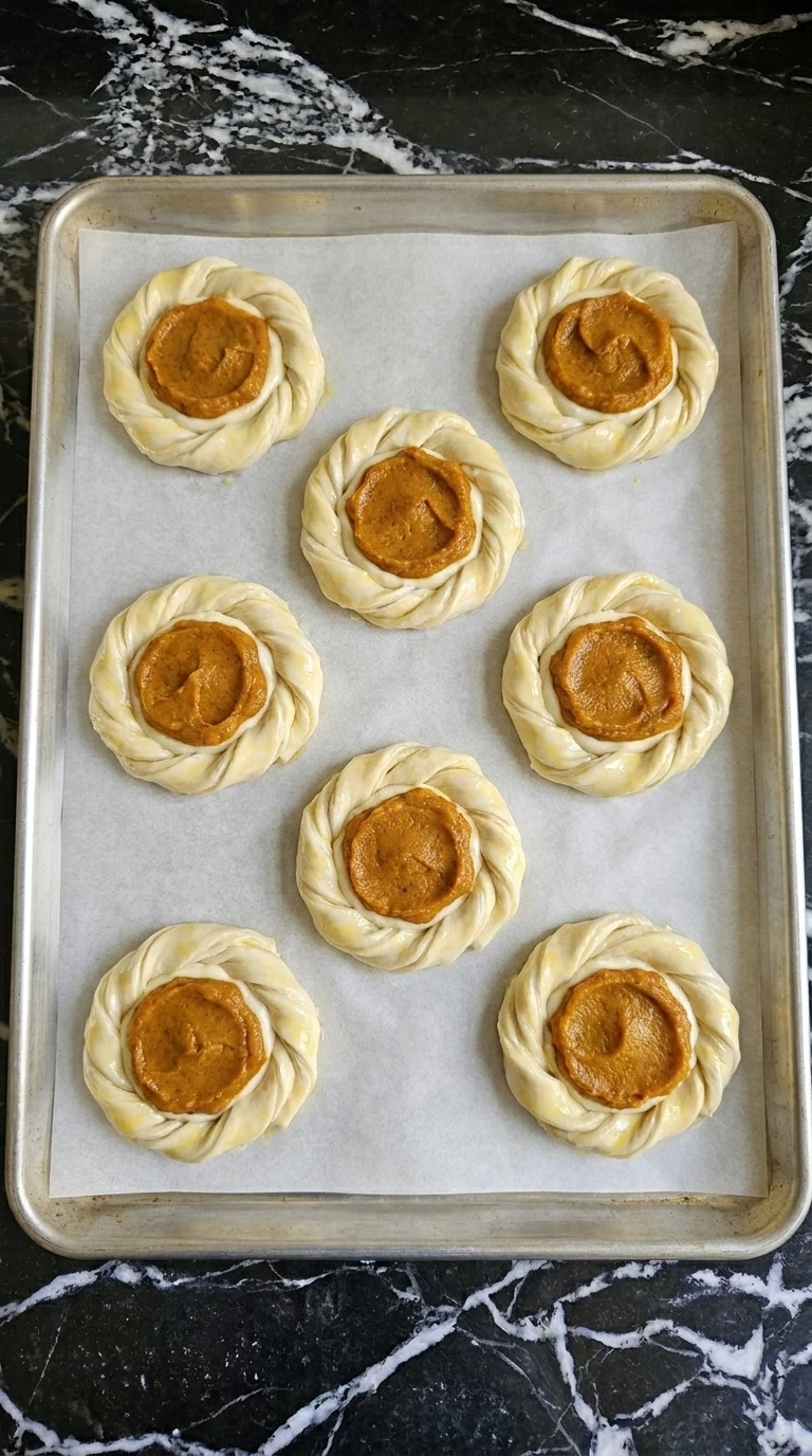 Pumpkin Cream Cheese Danish step with eight twisted pastry rings filled with cream cheese and pumpkin