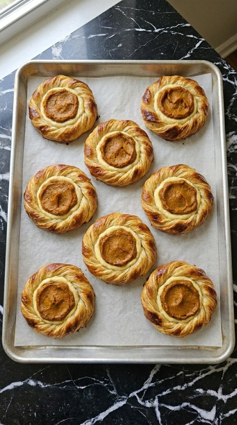 Pumpkin Cream Cheese Danish step with eight deep-golden pastries fresh from the oven
