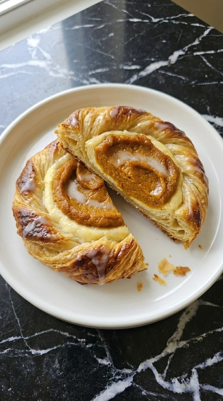 Pumpkin Cream Cheese Danish step showing one glazed pastry cut open on a white plate