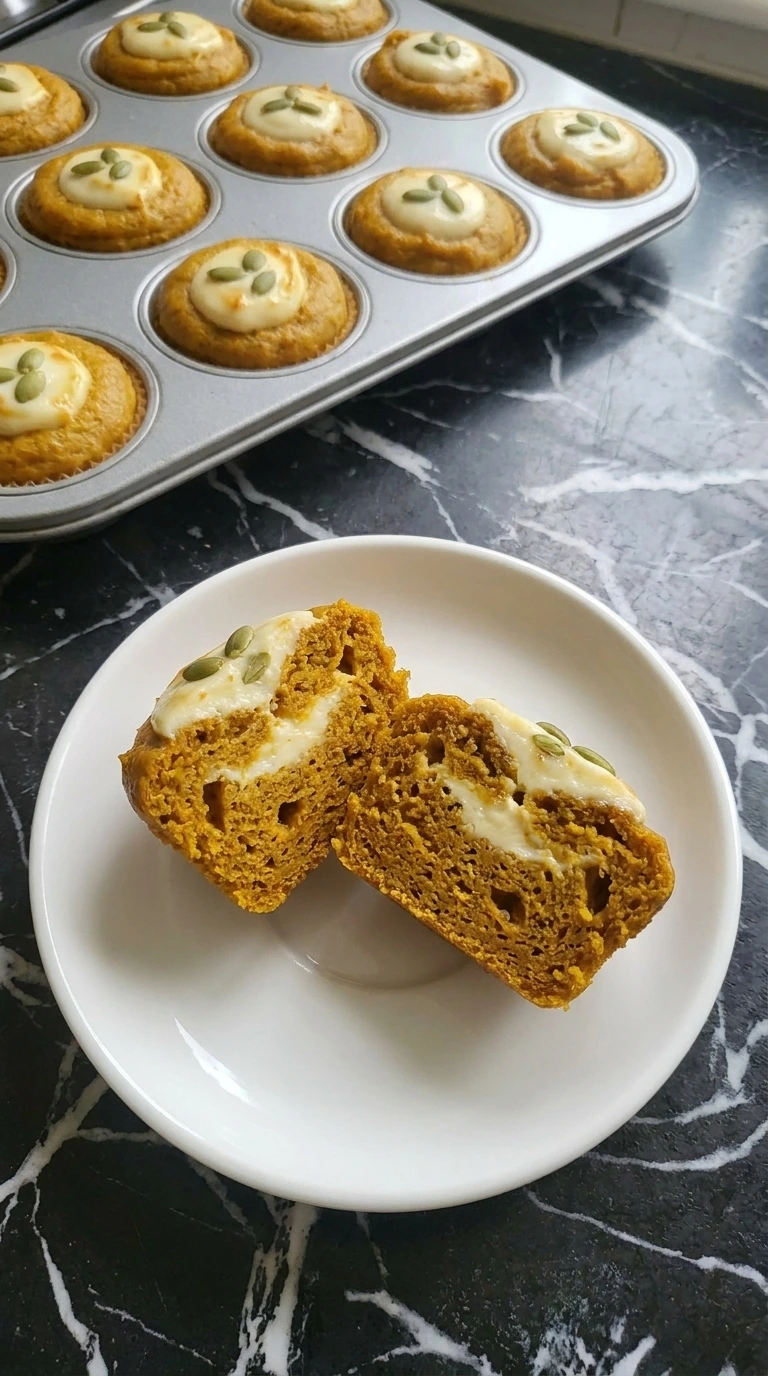 Split pumpkin cream cheese muffin showing moist crumb and a creamy white center.