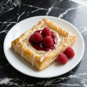 Golden flaky Raspberry Danish with cream cheese and berry filling fresh from the oven